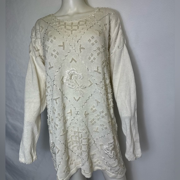 VINTAGE JACQUE & KOKO BRAND SIZE 14/16 BEADED OFF WHITE SWEATER - Picture 1 of 7